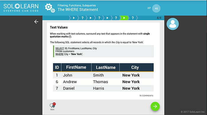 SoloLearn is an online SQL training