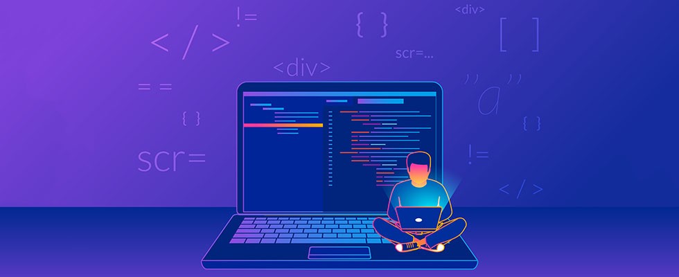 Gradient line vector illustration of young programmer coding a new project using computer on violet background with code symbols and signs.
