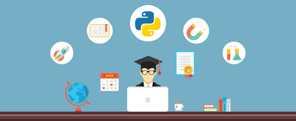 Creative vector illustration with flat concept icons set depicted education, online education, python programming, online tutorials, knowledge.