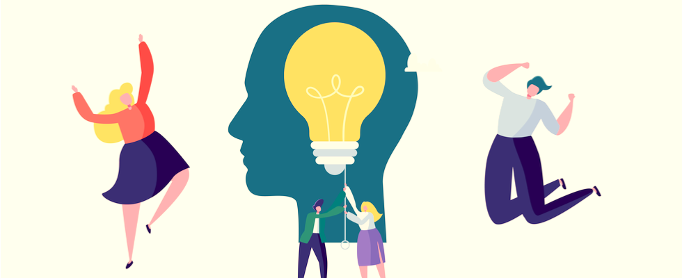 Creative Idea, Imagination, Innovation Concept with Light Bulb. Business People Characters Working Together on New Project. Vector illustration.