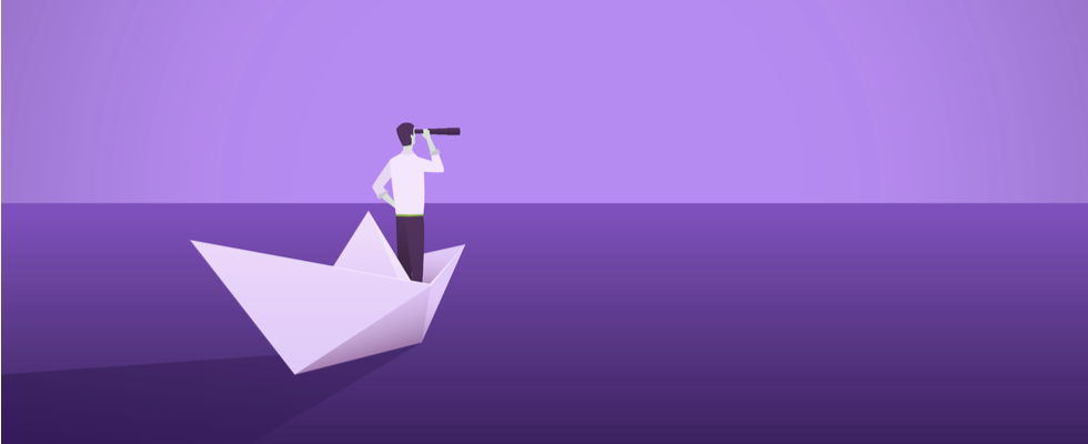 Businessman on a paper boat with telescope. Symbol of a leader, success, ambition, leadership, future. Vector illustration.