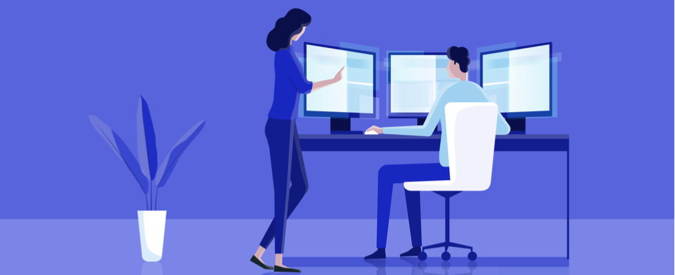 Flat vector illustration. Man and woman installing PyCharm IDE on the computer.