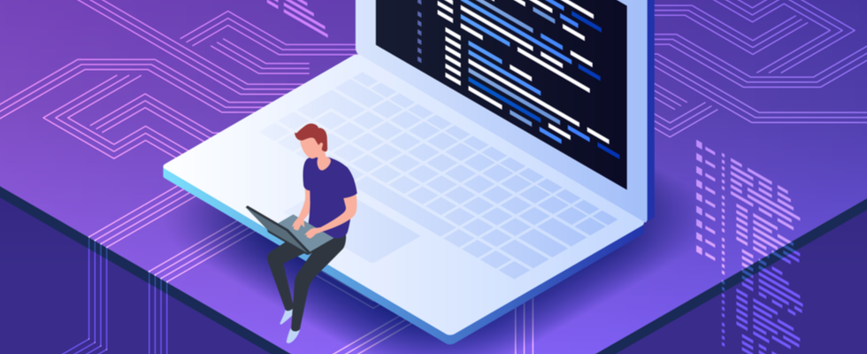 Alt-text: Isometric vector illustration of young programmer coding a new project using computer. Man sitting on the big laptop and working.